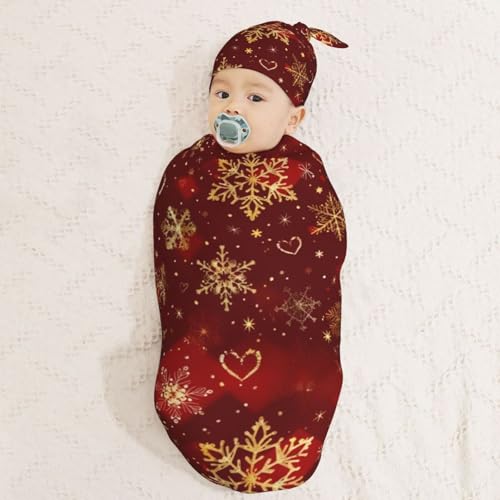 Image of Red and Gold Christmas Snowflake Heart Swaddle Blanket with Beanie Hat Set Newborn Swaddle Wrap Soft Baby Receiving Blankets Baby Swaddle Blanket for Baby Boys and Girls