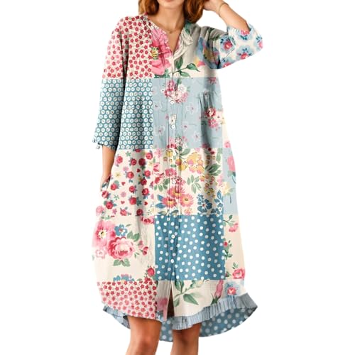 Akivide Womens Button Down Boho Floral Print Shirt Dresses Casual Loose 2025 Fall Long Sleeve V Neck Midi Dress with Pockets