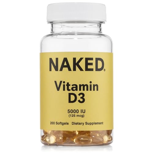 Naked Vitamin D3 5000 IU – High Potency Vitamin D Supplement for Immune Support, Bone Strength, Muscle Function – 200 Vitamin D Softgels