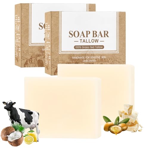 2pcs Beef Tallow Skin Care Soap - Tallow Soap Bar - Deep Cleaning Unscented Soaps for Face,Body,Hand,Leg - Tallows Balm So-ap - Grass Fed Beef Tallows Soaps - Women,Men Daily Care Use