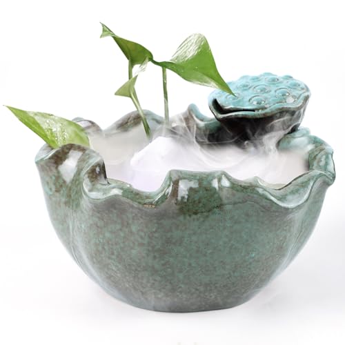 Lotus Tabletop Water Fountains, Lotus Mist Fountain, Indoor Ceramic Water Feature for Tabletop, Office, Bedroom, Feng Shui Decor Zen Fountain