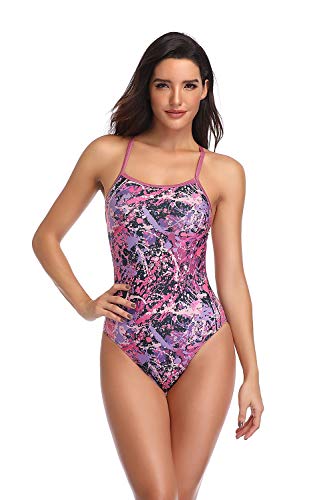 Adoretex Girl's/Women's Printed Thin Strap Pro Athletic Team Swimsuit (FN035) - Purple Combo