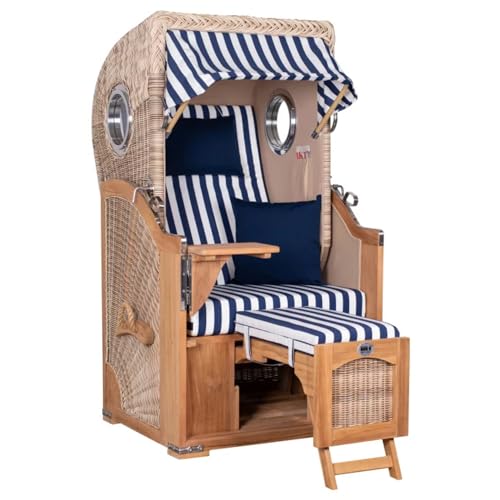 MR. DEKO® Strandkorb Düne Single Teak 1-Sitzer Bullauge | PE Geflecht...