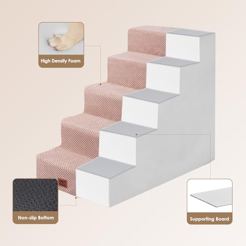 Image of EHEYCIGA Dog Stairs for Bed 25 inch H, 5-Step Extra Wide Dog Steps for High Bed, Pet Steps for Small Dogs and Cats, Non-Slip Balanced Pet Ramp Indoor, Pink
