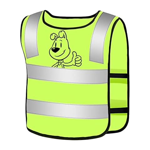 Kids Hi Vis Vest, Childrens High Vis Jackets, High Visibility Waistcoat for Child, Neon Yellow, Boys Girls Unisex 3 4 5 6 7 8 9 10 11 12 13 Years, Reflector with Dog Pattern, Green Cover