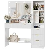 JUMMICO Coiffeuse avec Grand Miroir LED et Multiprise Intégrée, Table de Maquillage Moderne avec 5 Tiroirs, 6 Crochets pour Bijoux, Compartiments Ouverts, Meuble de Chambre à Coucher/Dressing (Blanc)