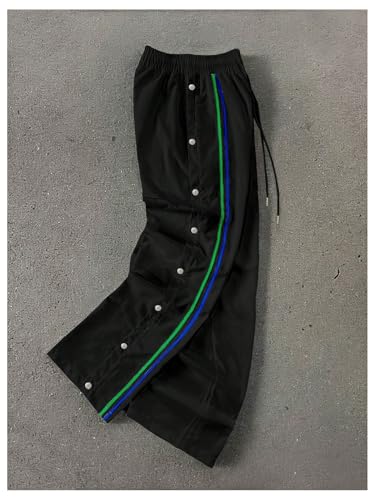 Men's Striped Track Pants Y2k Drawstring Waist Button Decor Street Baggy Pants with Pockets4
