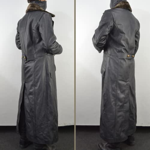 World War 2 Leather German Coat - Waffen Elite Officers Military Uniform Coat - WW2 Fur Collar Black Long Trench Leather Coat4