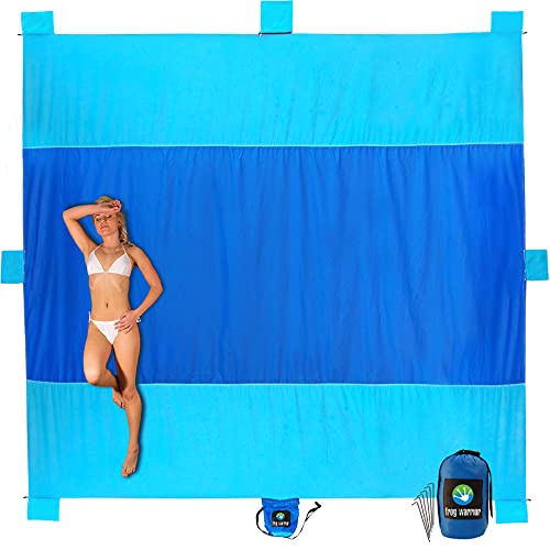 Extra Large Beach Blanket 10' X 9' - Our Sand Free Beach Blankets are Oversized But Compact and Lightweight - Attached Bag Plus 6 Sand Anchor Pockets and Metal Stakes Plus Zippered Valuables Pocket