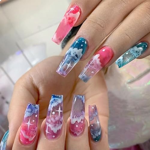 GlamRays Press on Nails Forma de Ataúd Larga Brillante Cobertura Completa Acrílico Extra Largo Cuadrado Uñas Falsas con Patrón de Nubes Diseños Bailarina Artificial Uñas Falsas