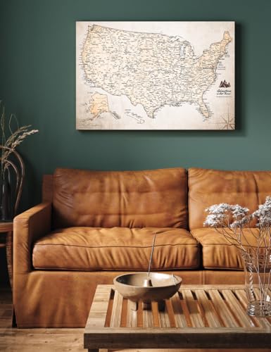 Image of IPIC - Vintage USA Canvas Wall Art, Travel Map Print for Home, Office, or Study, Push Pin Board Decor for Travel Lovers, Ready to Hang