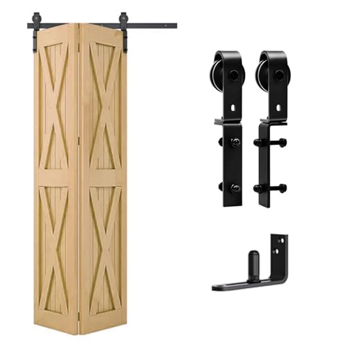 W&H Juego completo de herrajes para puertas corredizas de 100 m, herrajes negros para 2 puertas, rieles para puerta corredizas plegables, juego de rieles para puertas de granero que ahorran espacio