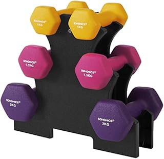 SONGMICS Hex Dumbbell Set with Dumbbell Stand 2 x 1kg, 2 x 1.5kg, 2 x 2kg Matt Finish Neoprene Coating Strength Training Home