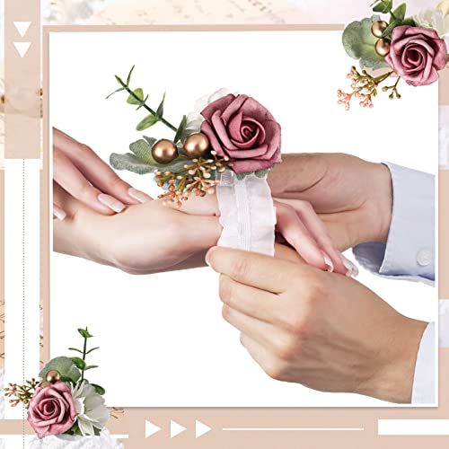 Tigeen 24 Pcs Dusty Rose Wrist Corsage Boutonniere Set, Handmade Bridal Bridesmaid Wrist Flower Boutonniere Set for Wedding Party Prom Suit Decoration - Thumbnail 6