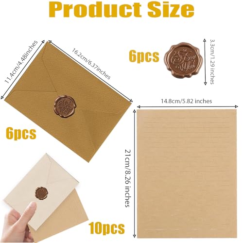 22 Stück Briefpapier Vintage Papier, Set Mit 6 Leinenumschlag Umschläge Und Wachssiegel 20 A5 Briefpapier Vintage Papier, Kraftpapier Umschläge, Für Geburtstag, Hochzeits Einladung Grußkarten