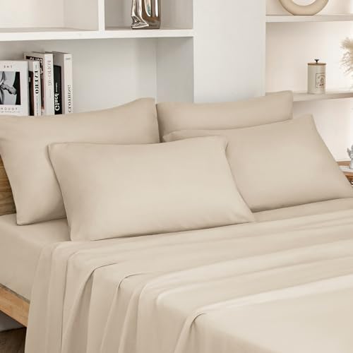 HOMEIDEAS 4 Piece Bed Sheets Set Extra Soft Brushed Microfiber 1800 Bedding Sheets - Deep Pocket, Wrinkle & Fade Free(Super King,Cream)