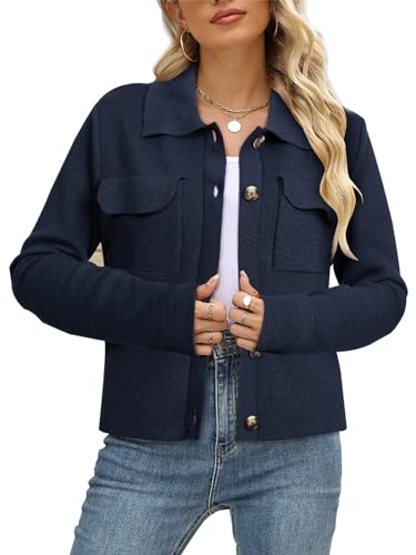 Review de Chaqueta punto señora los mejores 10. 37 BZB - Cárdigan de manga larga para mujer, con cuello y botones en la parte delantera abierta, chaquetas de punto con bolsillos, Azul oscuro, M