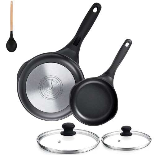 Stone&Stone Set 2 Padelle Antiaderenti 20cm e 24cm Rivestimento Ceramico Tedesco GREBLON Super Antiaderente, Alluminio e Acciaio per Induzione e Gas Prive di PFAS, PTFE PFOA + 2 Coperchi + Cucchiao