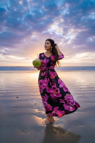 Image of Runwind Plus Size Dress for Women - 3 /4 Sleeve V Neck Maxi Dresses for Women (XL-6XL)