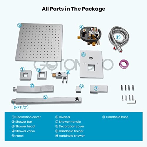 Gotonovo Shower System Chrome Polished 10 Inch Wall Mounted With Pressure Balance Rough-In Valve(Male Thread) Shower Set With Adjustment Square Shower Head Including High Pressure Handheld #TOP6