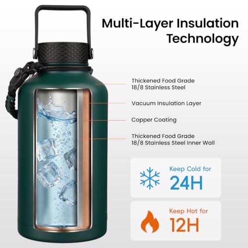 Image of Konokyo Insulated Water Bottle with Straw,87 oz 3 Lids Water Jug with Carrying Bag,Paracord Handle,Double Wall Vacuum Stainless Steel Metal Flask,Dark Green