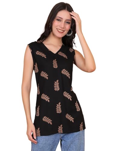 Image of FIMS - Fashion is my style Rayon Short Kurti for Women, Ethnic Printed, Black Sleeveless Kurtis, Summer Wear, Ideal Gift for Girls