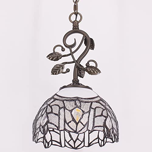 Rhlamps Tiffany Plug-In Pendant Lighting, 8" White Stained Glass Crystal Shade Hanging Lamp, Farmhouse Rustic Bronze Thin Metal Leaf Chandelier, Luxury Ceiling Light Fixture For Kitchen Dining Room #TOP6