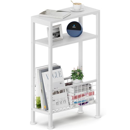 Image of Yuede Narrow Side Table with Magazine Rack, 3-tier Slim Bedside Table, Small End Table for Living Room, Bedroom, MDF & Metal Frame (White)