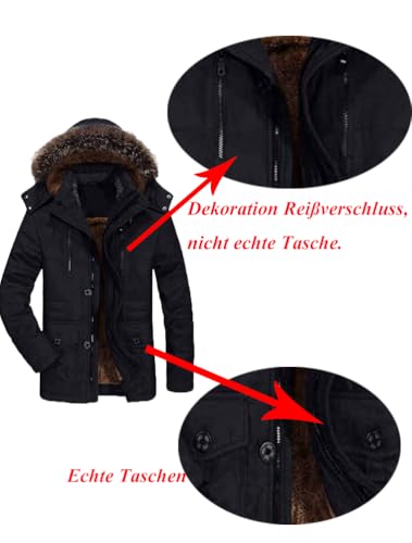 FTCayanz Herren Warme Winterjacke Parka Lang Wintermantel Mit Kunstfell Kapuze Outdoor Gefütterte Steppjacke Jacke Schwarz XL