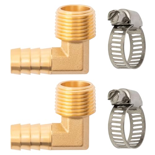 SUNGATOR Mosiężne złącze kolankowe 90 stopni, złączki węży z 2 zaciskami węża, 1/2 cala Barb do 1/2 cala NPT męski adapter do paliwa, powietrza, oleju, gazu (2 szt.)