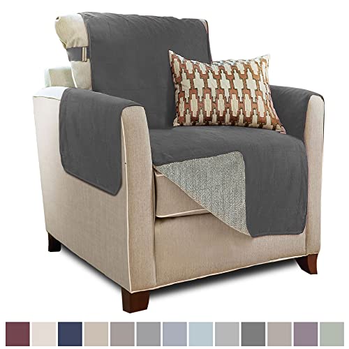 Gorilla Grip Original Slip Resistant Chair Protector for Seat Width up to 23 Inch, Patented Suede-Like Furniture Slipcover, 2 Inch Straps, Chairs Slip Cover Throw for Dogs, Armchair, Dark Gray