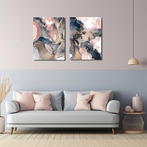 LZIMU Abstract Canvas Prints Wall Art 2 Panel Texture Paint Stains Blue Rose Gold and Pink Picture Wall Decor For Bathroom Bedroom Living Room (12"x16"x2 (30x40cmx2)) by LZIMU - Used condition - Image 2