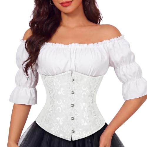 Zhitunemi White Underbust Corset Top for Women,Lace-Up Pirate Costume XS