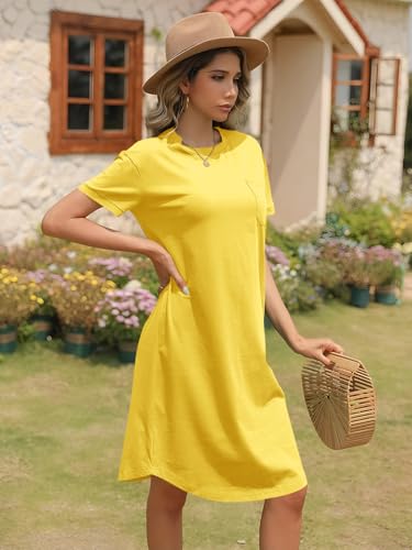Image of Dyexces Summer Dress for Women Crew Neck Short Sleeve Solid Basic T-Shirts Casual Midi Dresses with Pocket