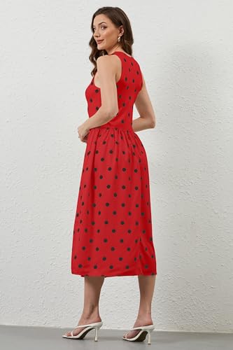 Image of TERIVEEK Women Summer Polka Dots Sleeveless Midi Dress Casual High Neck Patchwork Tank Sundress Boho Flowy Dress with Pockets