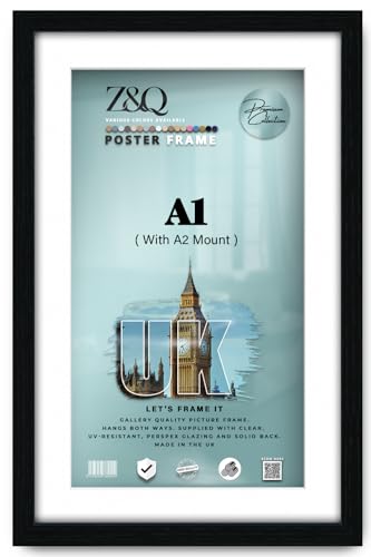 Z&Q Black Picture Frame with White Mount A1 For A2 Print Wall Poster Frame - Portrait and Horizontal Wall Hooks Photo Frame for Display Pictures-Jigsaw Puzzle-Art Work
