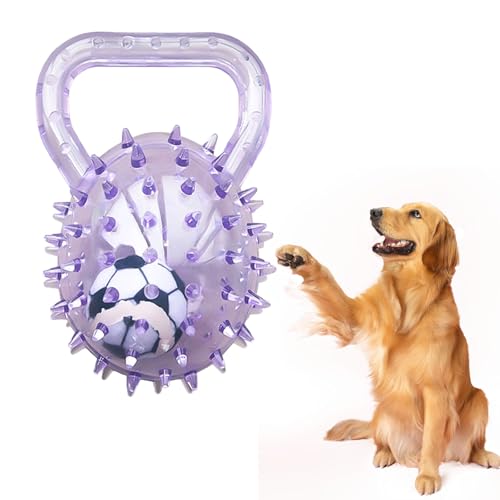 Coogime Juguete para perros, pelota para perros con mango, juguete de fútbol para perros de primera calidad, cuidado dental, entretenimiento en interiores y exteriores (morado)