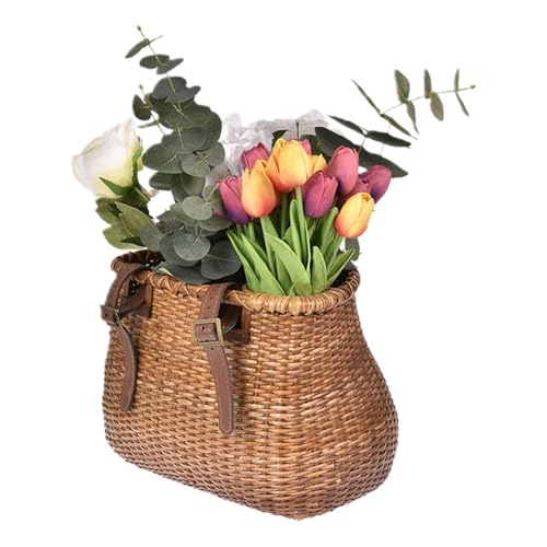 Rattan Hand Woven Basket-バックル付きの手織りのラタン、調整可能なレザーストラップ自転車バスケット|子供の大人向けの保管バスケット