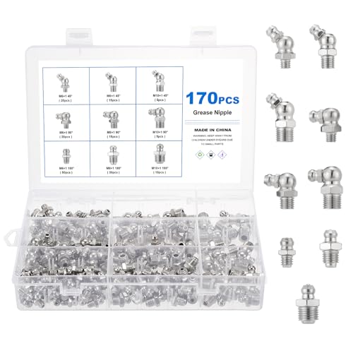 Image of eROOSY 170 Pieces Grease Nipple Assortment Kit, Nickel-Plated Iron Grease Nipple Set M6 M8 M10 Straight and Angled 45° 90° Cone Lubrication Nipples for Grease Presses with Storage Box
