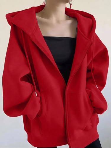 Chic Red Women’s Casual Coat: Cozy Hooded Zip-Up Cardigan for Effortless Style in X-Large - Image 2
