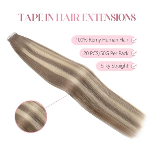 Image of Sixstarhair Tape in Hair Extensions Human Hair Balayage Ash Brown to Blonde Mixed with Light Blonde Real Hair Extensions Silky Straight Tape Hair Extensions Human Hair 50g 20pcs [TP8 /22 /8 22inch]
