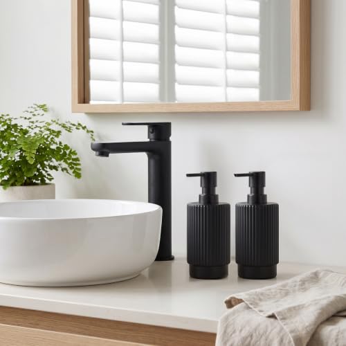 Image of VIMERPA Hand and Dish Soap Dispenser Set for Kitchen, 2 Pack 10 fl oz Matte Black Ribbed Glass Soap and Lotion Dispensers Sets with Pump for Bathroom, Modern Refillable Liquid Soap Pump Bottle