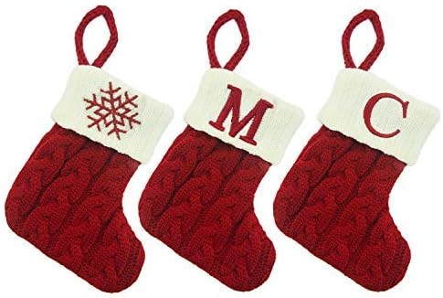 Mini Christmas Stocking 7" - Snowflake & Letters Random Matching | Knitted Candy Bags Holiday Treats, Rustic Silverware Holders Trees Hanging Socks, Home Ornament for Xmas Decor - 3 Pieces