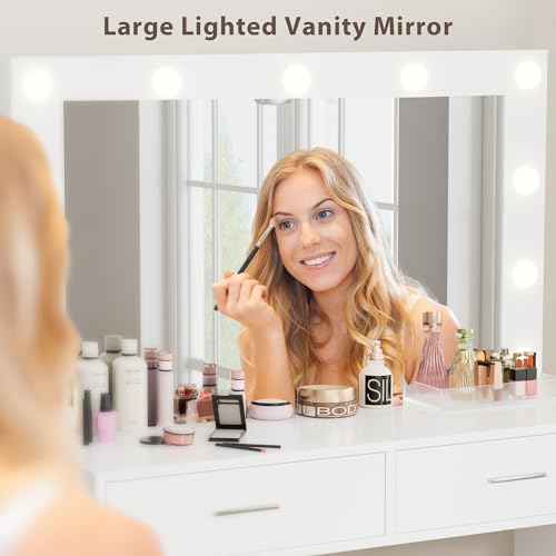 image for Furmax Vanity Desk Set with Large Lighted Mirror, 35.4 Inch Makeup Van