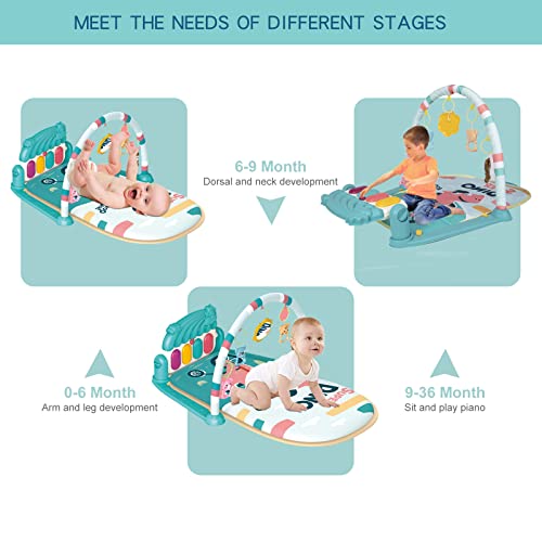 Dearlomum Baby Play Mat & Gym, Piano Tummy Time Activity Mat with 5 Sensory Toys, Music & Lights - Boy & Girl Gifts for Newborn to 12 Months (Blue) - Thumbnail 2