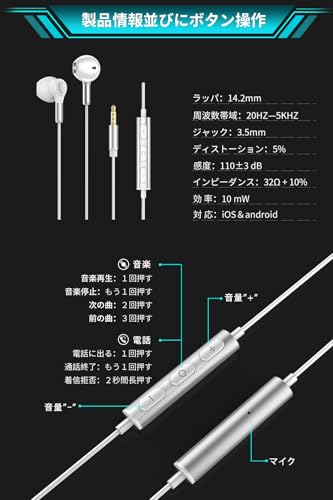 Glazata【グレードアップ版ダイナミック型ドライバ搭載＆高感度MEMSマイク内蔵】3.5㎜有線イヤホン CTIA規格４極ステレオ有線イヤホン マイク付き 3.5MMイヤホンジャック対応 「白」