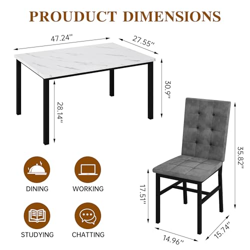 AWQM Dining Table Set for 4,Faux Marble Kitchen Table and Chairs Set of 4, Modern Dining Room Set for 4,Dinner Table Set with Velvet Chairs, Dining Set for Small Spaces,White & Grey - Thumbnail 3