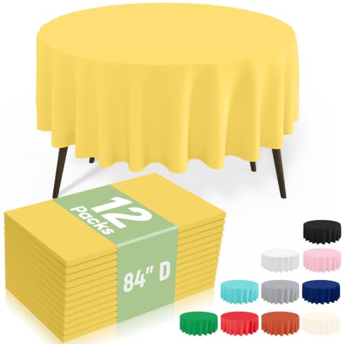 Image of 12 Packs Disposable Plastic Table Cloth, 84 inch Round Waterproof Tablecloth, Leakproof & Sturdy Decorative Table Covers for Picnic, Party, Outdoor and Back to School, Yellow