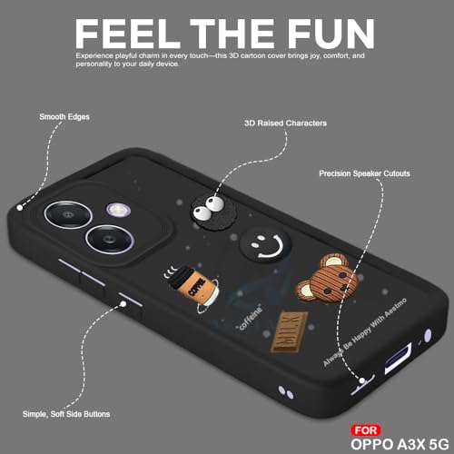 Image of AESTMO Back Case Cover for Oppo A3X 5G Cover | Cute Fun Cartoon 3D Ball | Coffee Silicone Case | Full Body Protection | Camera Protection Back Cover for Oppo A3X 5G (Black)