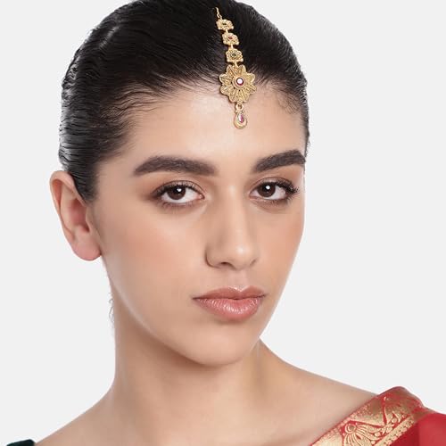 Image of Estele Ornate Floral Matte Finish Gold Plated Maang Tikka for Women